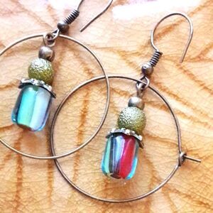 Green Glass Antique Bronze Hooks Hidden Meaning earrings Poetcore RedGreen  514■